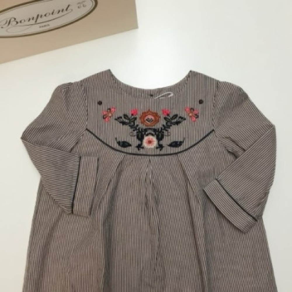 Bonpoint Navy and White Striped Embroidered Long-Sleeve Dress